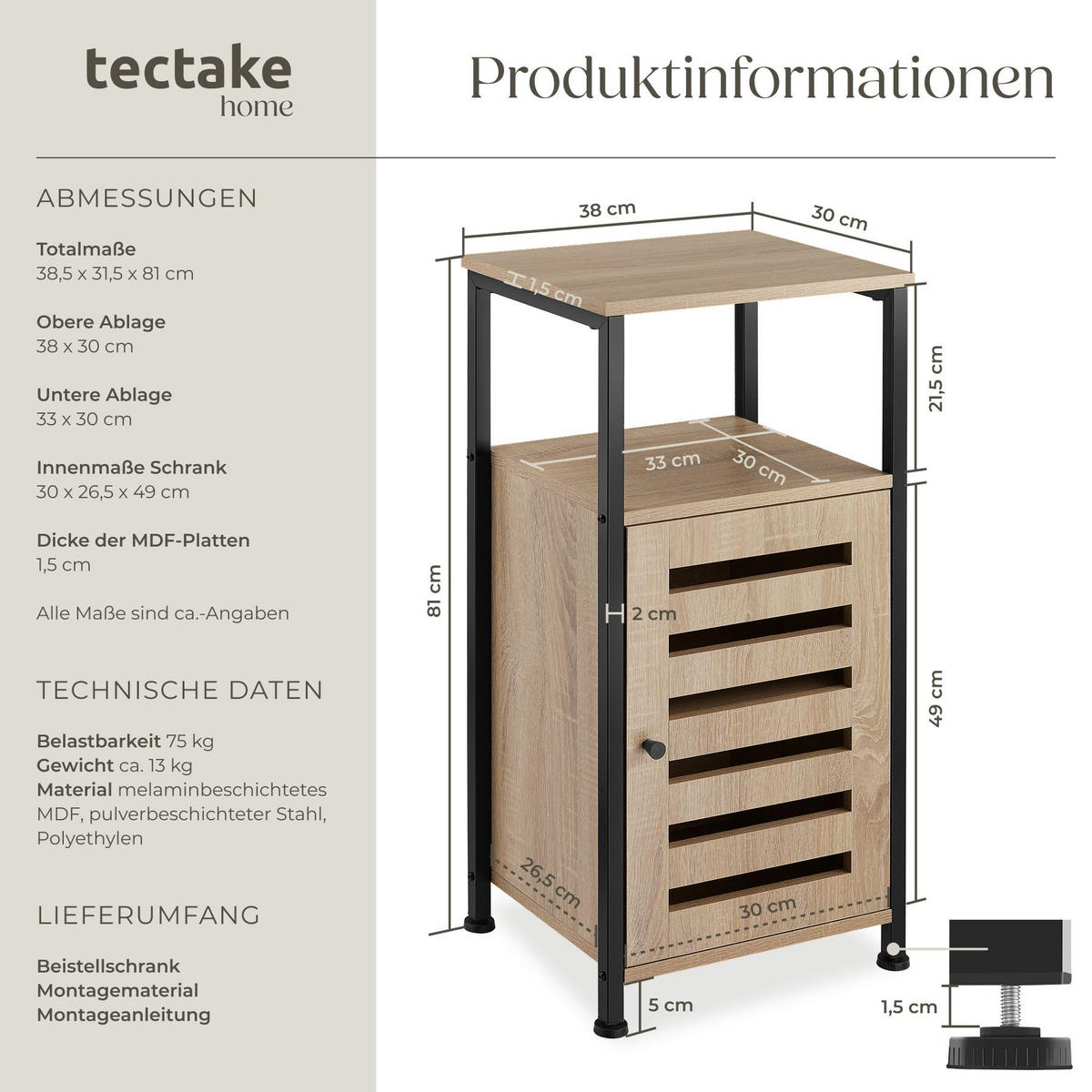 BEISTELLSCHRANK Durham,38,5 x 31,5 x 81 cm,Industrial Holz hell, Eiche Sonoma - Naturfarben, Holz (38.5/81/31.5cm) - tectake