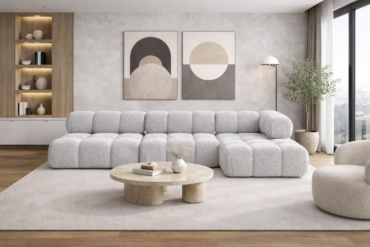 ECKSOFA L-Form Modulare, Bouclé-Stoff Abriamo, Hellgrau, Rechts, Selia - Hellgrau, Holz (285/160cm) - Kaiser Möbel