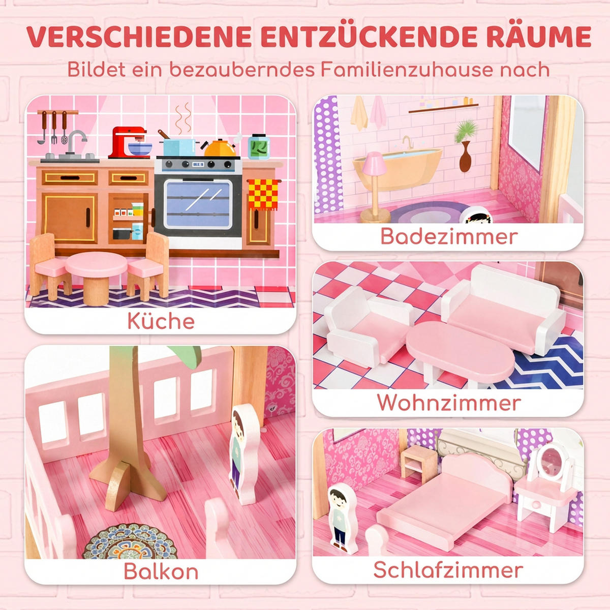 PUPPENHAUS MDF Kiefernholz Rosa - Rosa, Holzwerkstoff (40/69/64cm) - AIYAPLAY