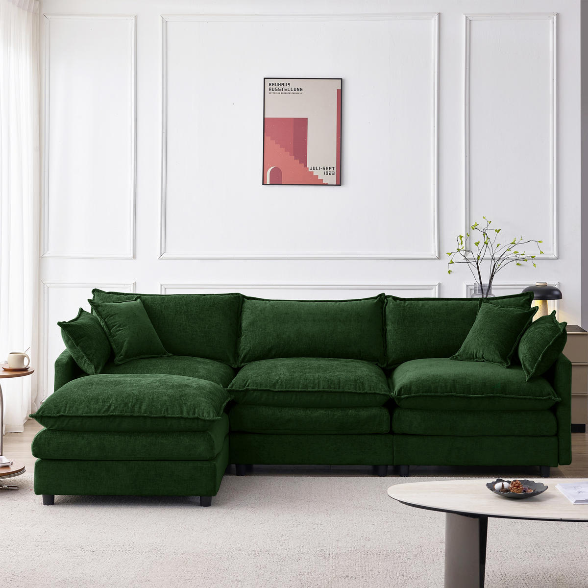 ECKSOFA Chenille Grün mit Hocker - Grün, Holzwerkstoff/Kunststoff (267/154cm) - WISHDOR