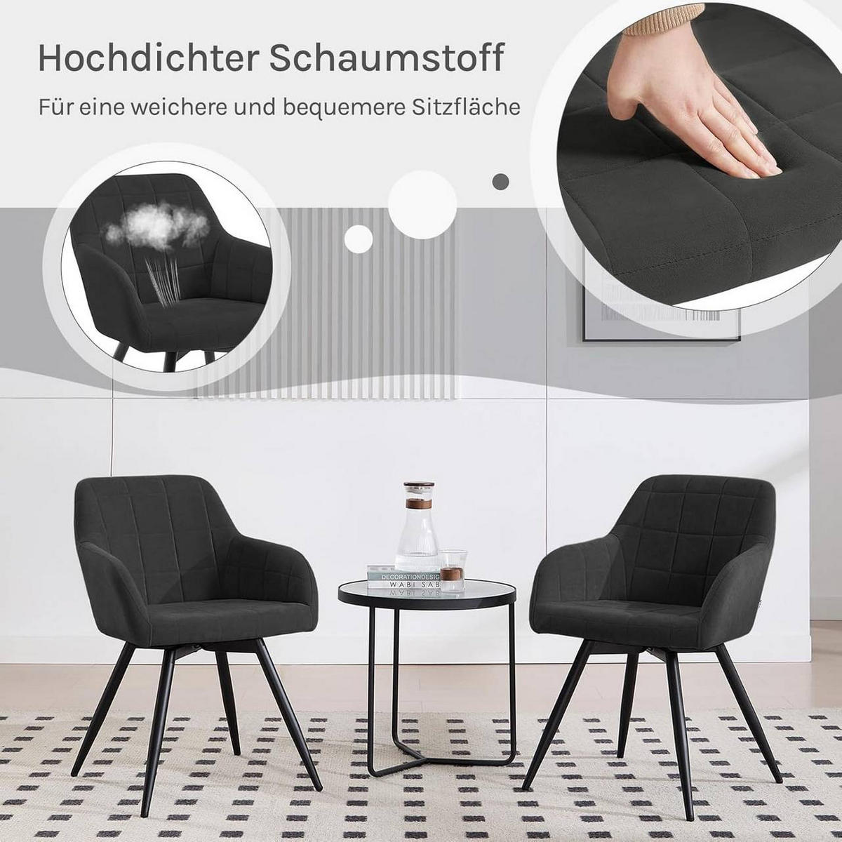 ESSZIMMERSTUHL drehbar, Samt, Schwarz - Schwarz, Textil/Metall (57/78/63cm) - Woltu