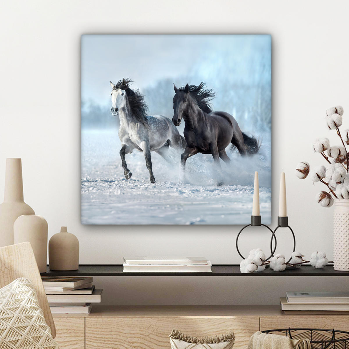 LEINWANDBILD Pferde - Winter - Tiere - Natur - Schnee Wandbild Wohnzimmer 50x50 cm - Anthrazit, Textil (50/50cm) - MuchoWow