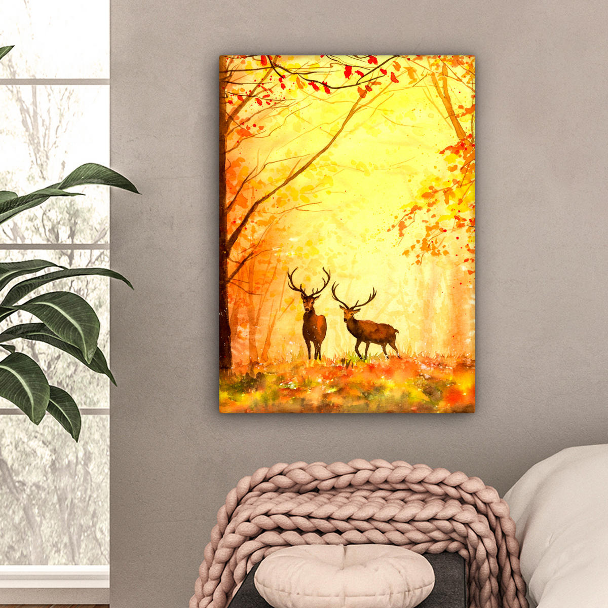 LEINWANDBILD Natur - Ölfarbe - Hirsche - Tiere - Herbst - Orange 60x80 cm - Orange, Textil (60/80cm) - MuchoWow