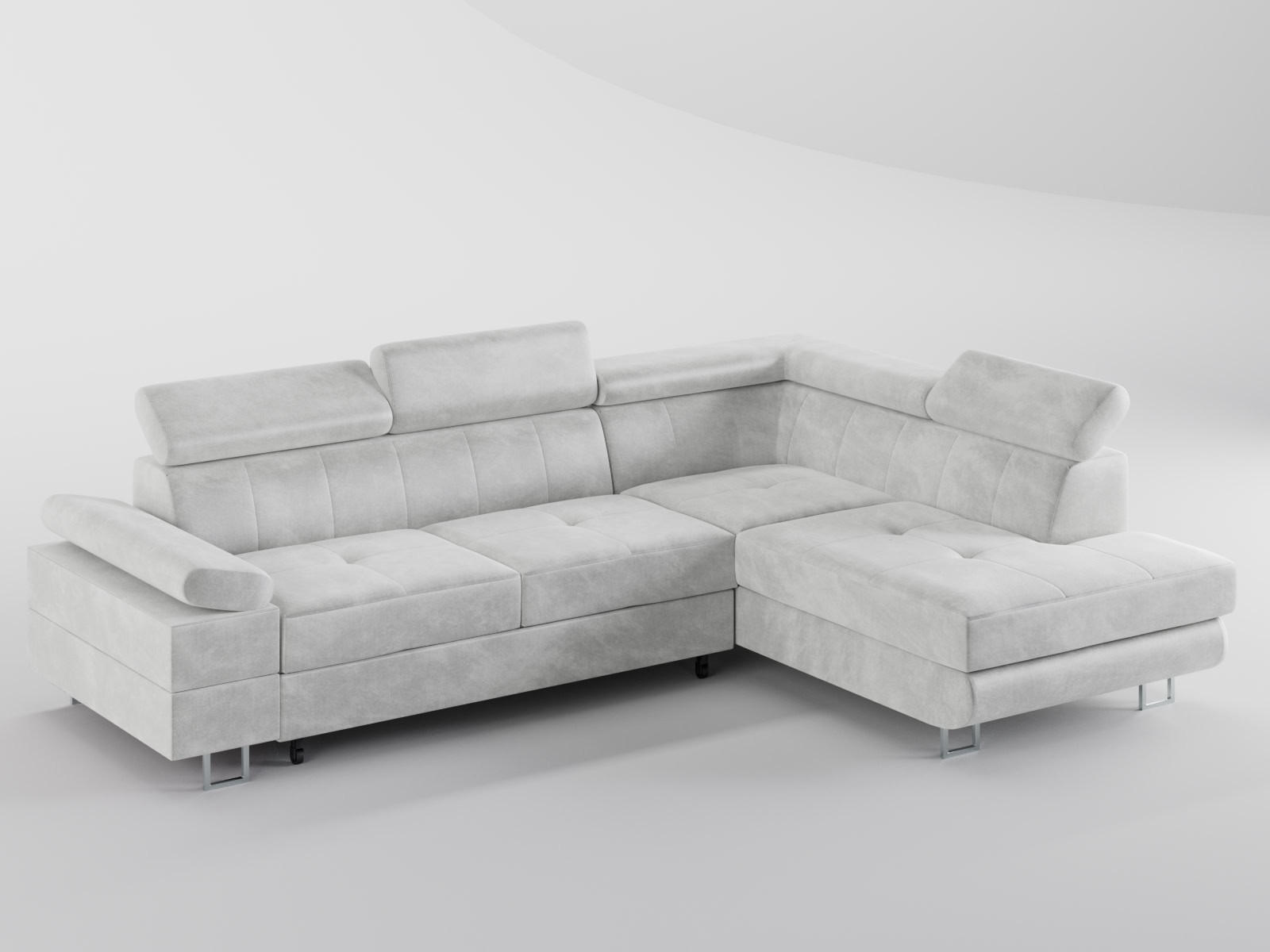 ECKSOFA CAROLINE Rechts Hellgrau Velours-Stoff mit Schlaffunktion und Bettkasten - Chromfarben/Hellgrau, Textil (253/190cm) - Barchello