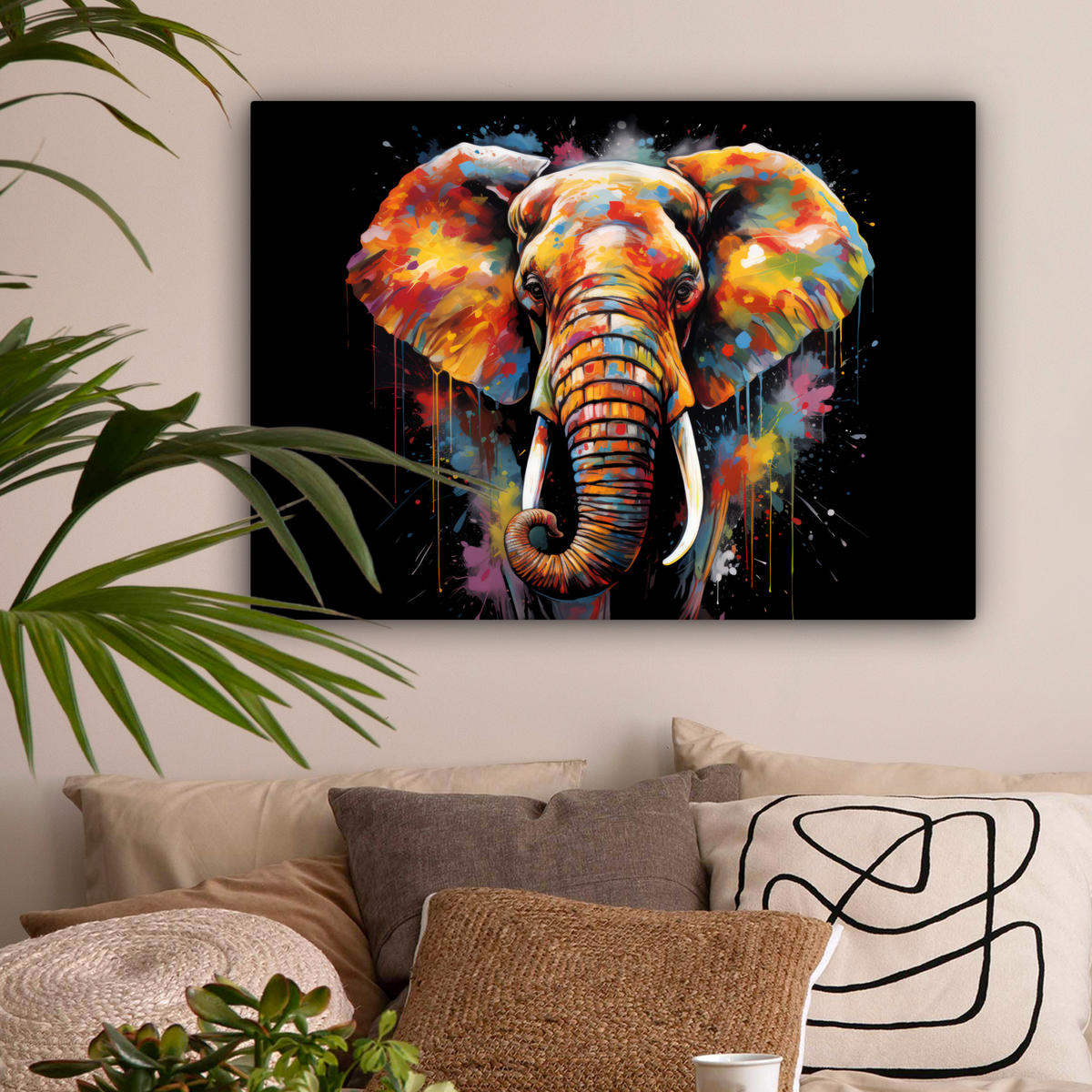 LEINWANDBILD Elefant - Graffiti - Schwarz - Tiere - Farben Wandbilder 80x60 cm - Schwarz, Textil (80/60cm) - MuchoWow