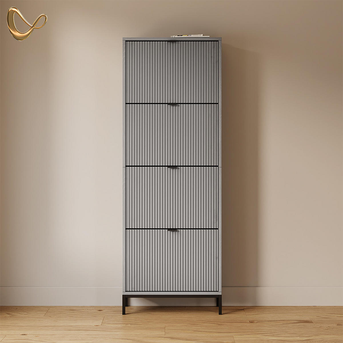 SCHUHKIPPER Aterno Grau 60 x 168 cm mit 4 Klappschubladen - Grau, Holzwerkstoff (60/168/24cm) - Livinity®
