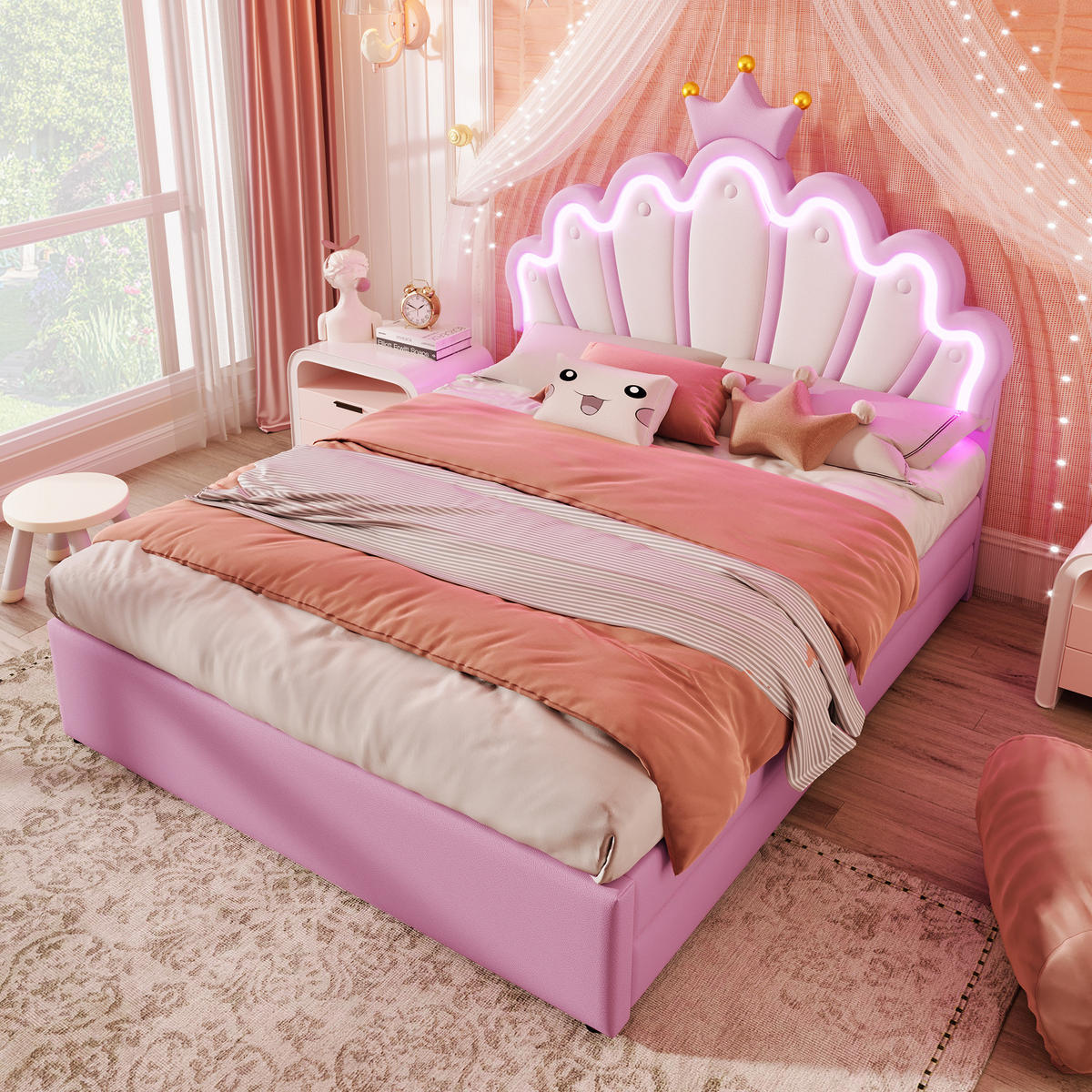 POLSTERBETT 140x200cm Rosa PU Fernbedienung Kronenform 2 Schubladen - Pink, Holz (140/200cm) - FLIEKS