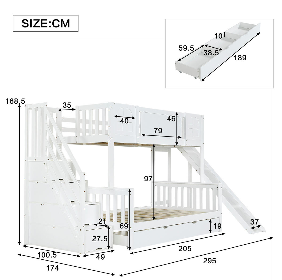 ETAGENBETT 90/120x200 cm mit Rutsche, Stauraumtreppe und Fensterdesign, Weiß - Weiß, Holzwerkstoff (90/200cm) - Redom