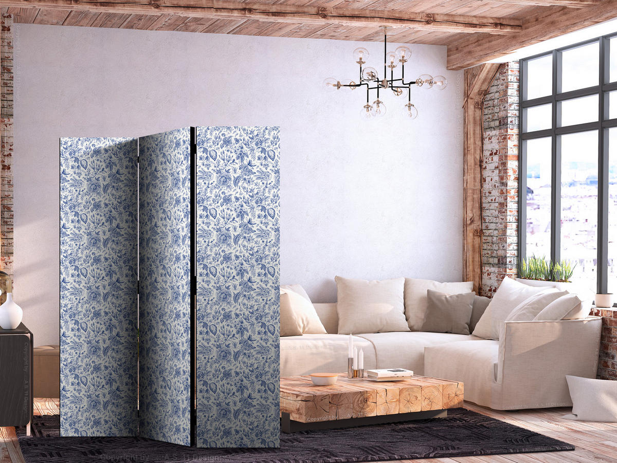 PARAVENT Einseitig Bedruckter 3-tlg 135x172 cm Blaue Blumen - Blau, Holz/Textil (135/172/3cm) - Muralo