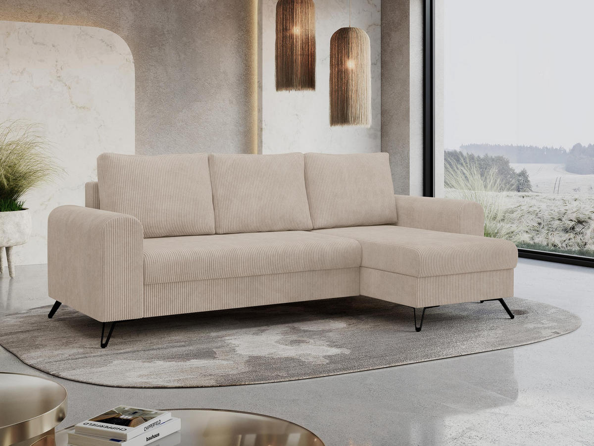 ECKSOFA Hugo Cord Beige - Beige/Schwarz, Textil/Metall (242/140cm) - MKS