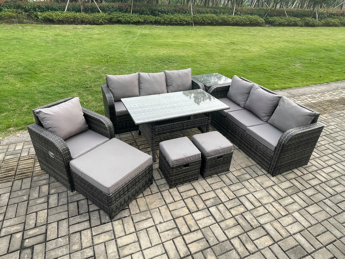 GARTENTISCHGRUPPE mit Beistelltisch,3 Hocker Polyrattan Dunkelgrau 10-Sitzer - Dunkelgrau/Grau, Glas/Kunststoff - Fimous