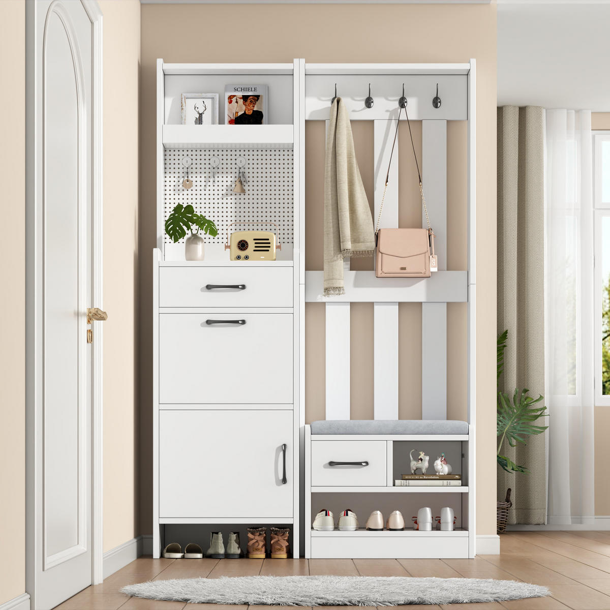 GARDEROBE Schuhbank 7 Haken 2 Schubladen Bücherregal Weiß - Weiß, Holzwerkstoff (110/175.5/35cm) - FLIEKS