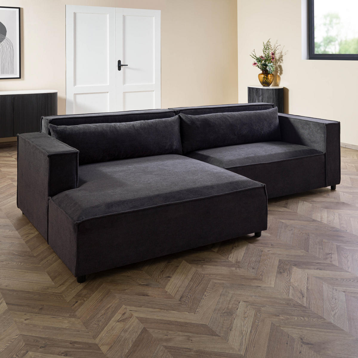 ECKSOFA Ottomane links Geflechtstoff 266x150x80 anthrazit FINN - Anthrazit, Textil (150/266cm) - Massivmoebel24