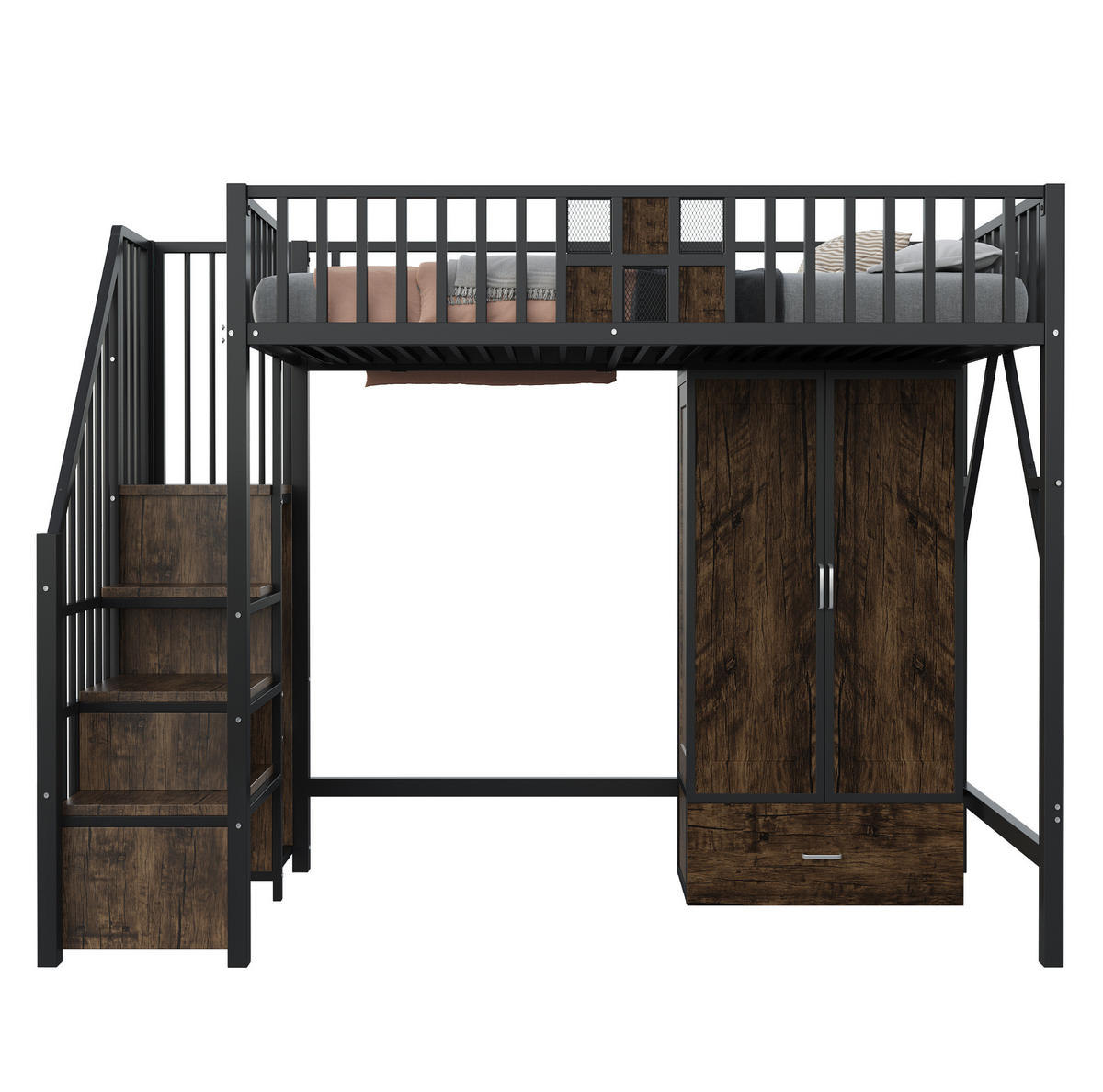 HOCHBETT 90/200 cm aus Metall und Holz mit Kleiderschrank und Stauraumleiter - Schwarz, Metall (90/200cm) - Flora Grace