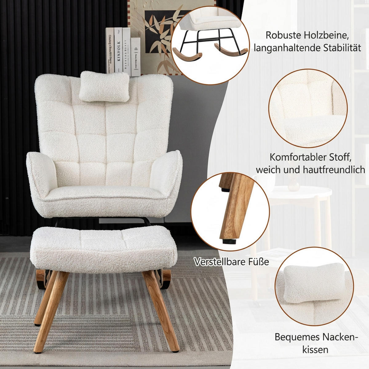 SCHAUKELSTUHL Weiß mit 1 Kopfkissen und 1 Fußhocker - Weiß, Textil (65/92/93cm) - Oxeza