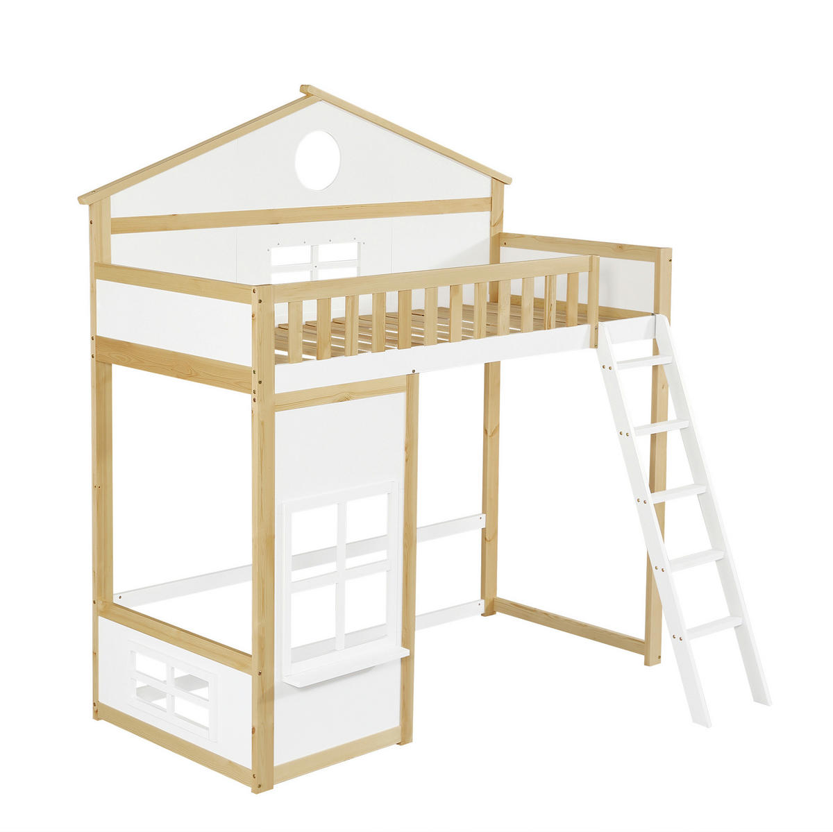 ETAGENBETT 90/200 cm Weiß Natur mit Treppe, Dach und Fenstern - Weiß, Holz (90/200cm) - MIVRAY