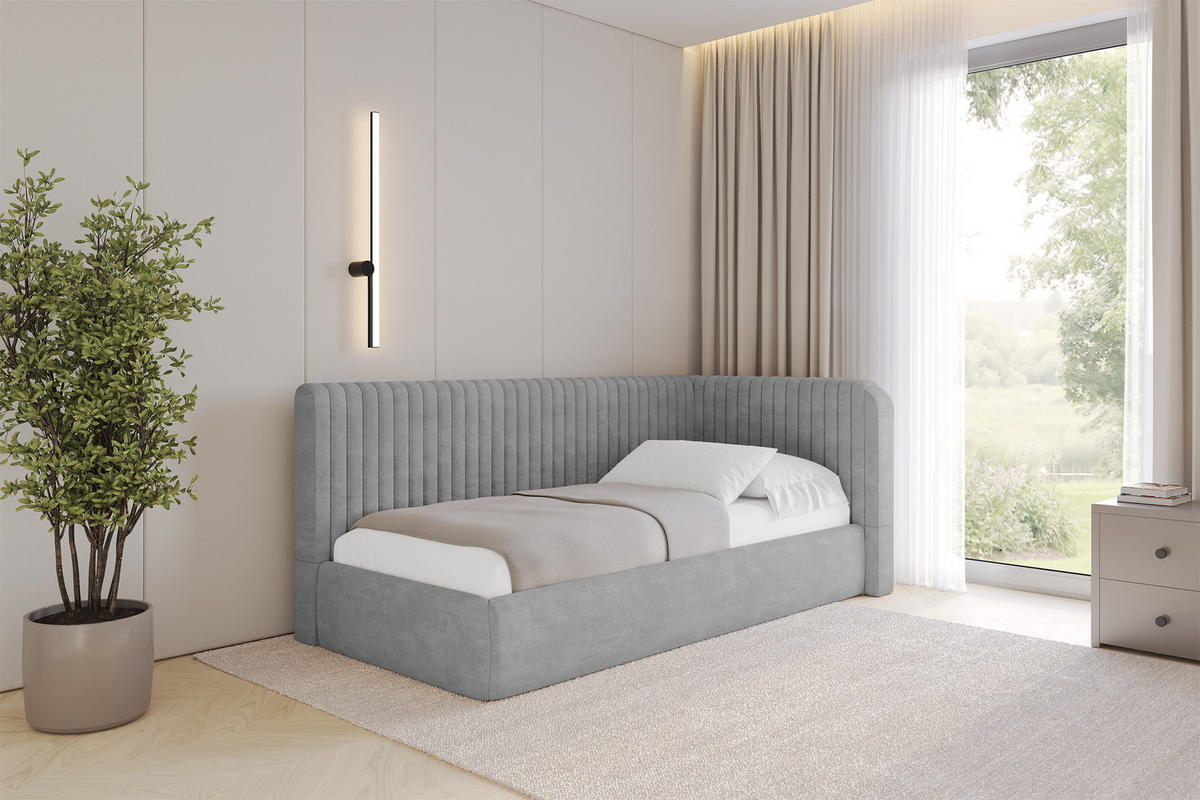 EINZELLBETT Jugendbett mit Bettkasten und Matratze H3/H4, Links - AURY 100x200 Grau - Hellgrau, Holzwerkstoff/Textil (100/200cm) - ALTDECOR