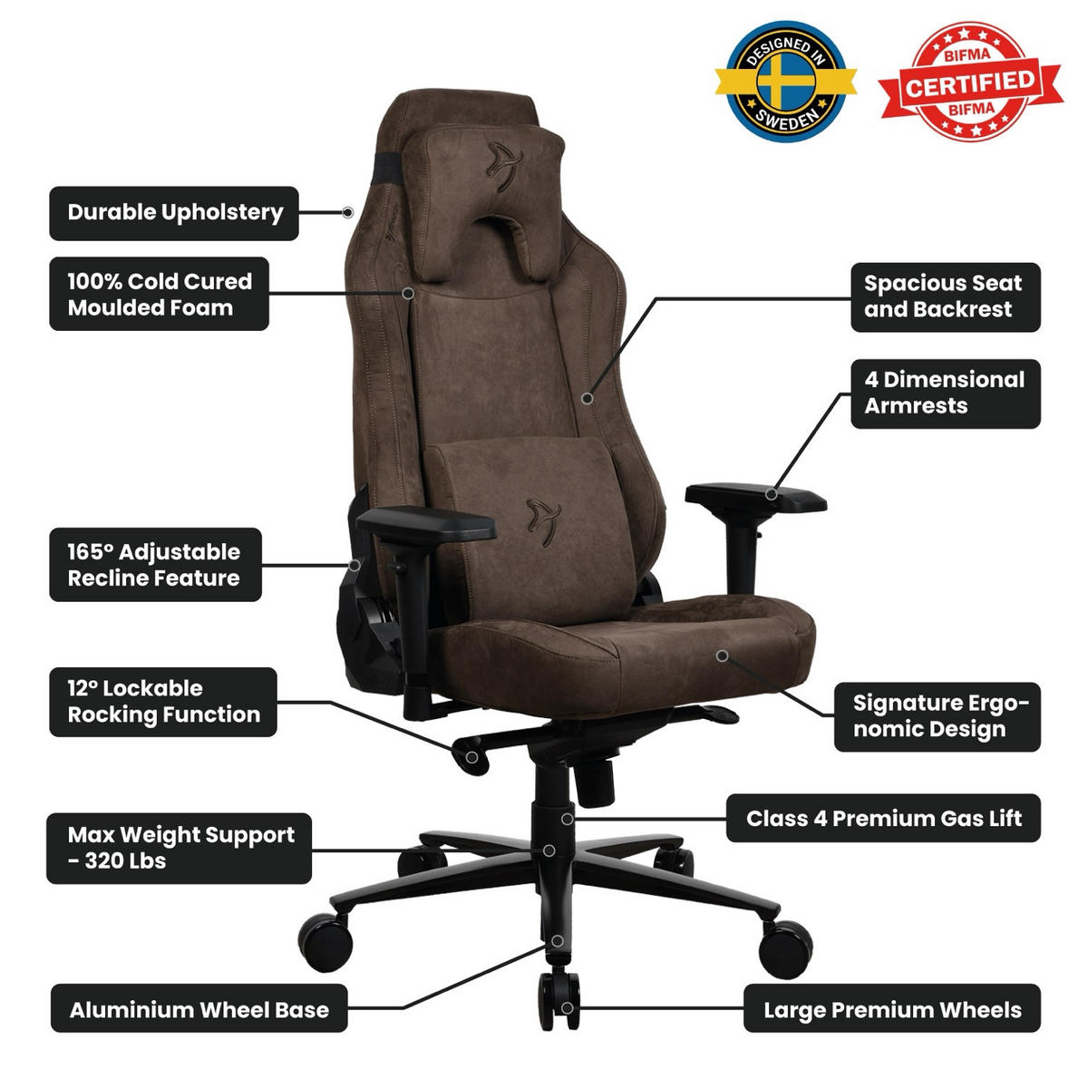 GAMINGSTUHL Vernazza Supersoft™ Stoff Braun - Schwarz/Braun, Textil/Metall (68/135/50cm) - Arozzi