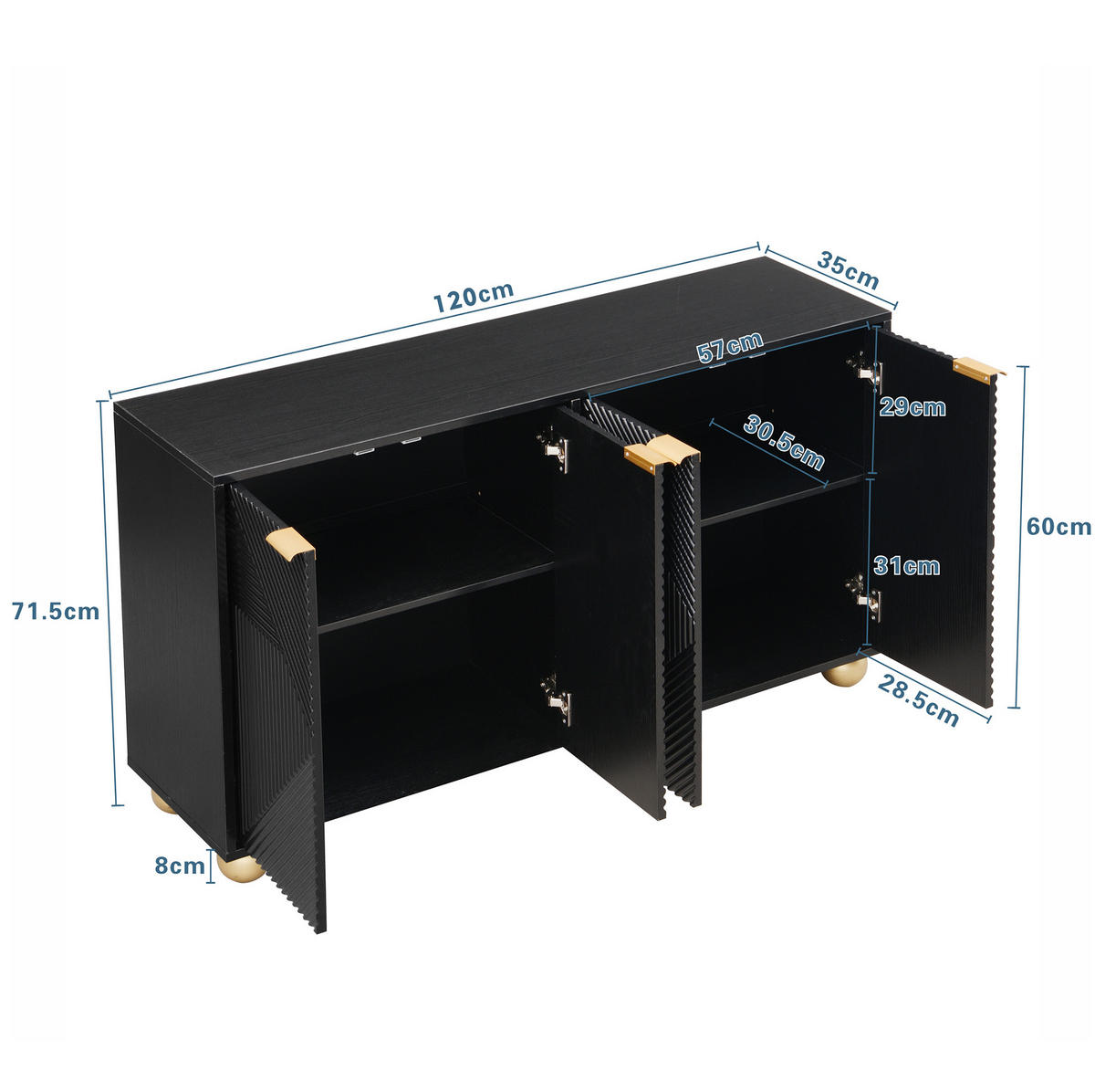 SIDEBOARD 120/35/71,5 cm mit 4 Türen in Schwarz im Vintage-Look - Schwarz, Holzwerkstoff (120/71.5/35cm) - BEAOK