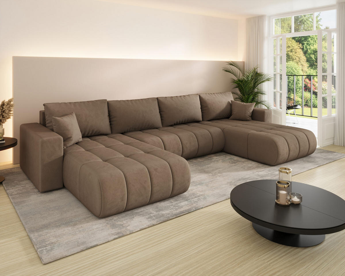 ECKSOFA mit schlaffunktion und bettkasten MILO U PREMIUM, stoff MONOLITH, Hellbraun - Hellbraun, Holz (384/190cm) - Kaiser Möbel
