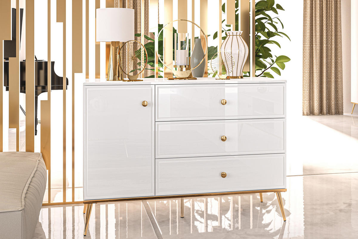 KOMMODE ISORIA auf hohen goldenen Beinen, Glas Weiß - Goldfarben/Weiß, Holz/Metall (120/85/40cm) - KONSIMO®