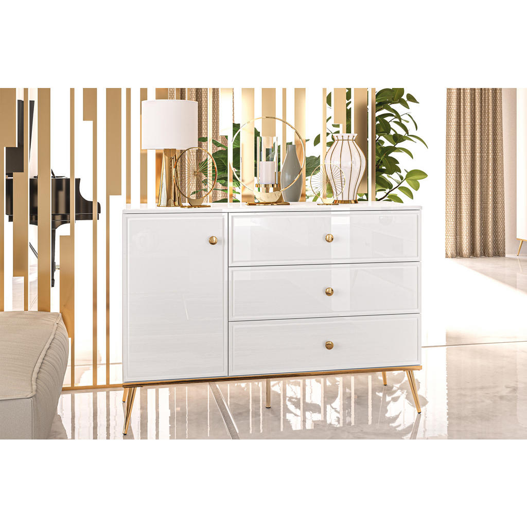 Thumbnail - Konsimo® Kommode, Weiß, Holz, 3 Schubladen, Rechteckig, 120x85x40 cm, Hergestellt in Europa, Wohnzimmer, Kommoden & Side...