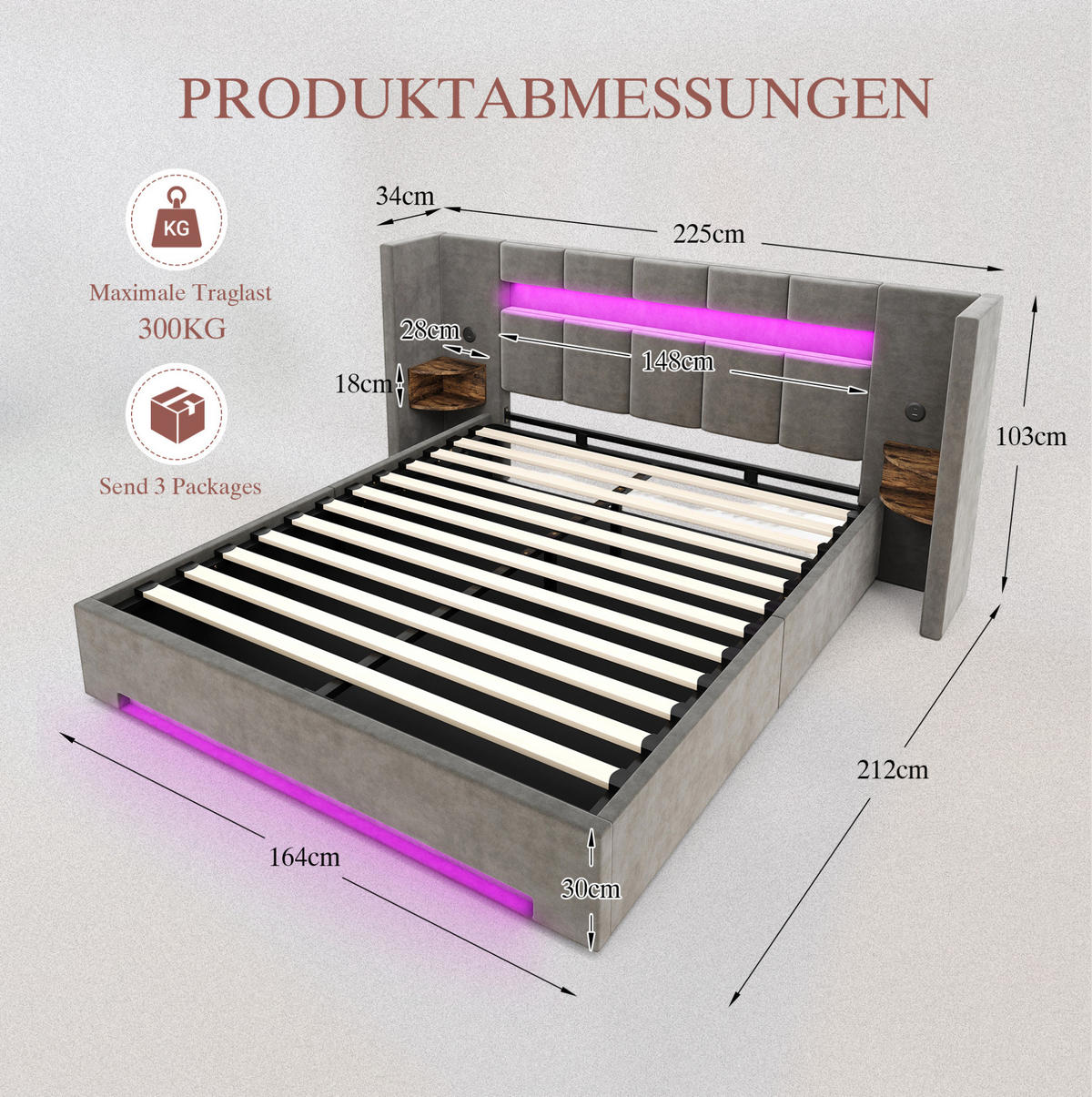 POLSTERBETT 160/200 cm mit USB-Anschlüssen, LED-Beleuchtung, Hydraulik-Stauraum und Seitenschränken, Dunkelgrau - Dunkelgrau, Textil (160/200cm) - Redom