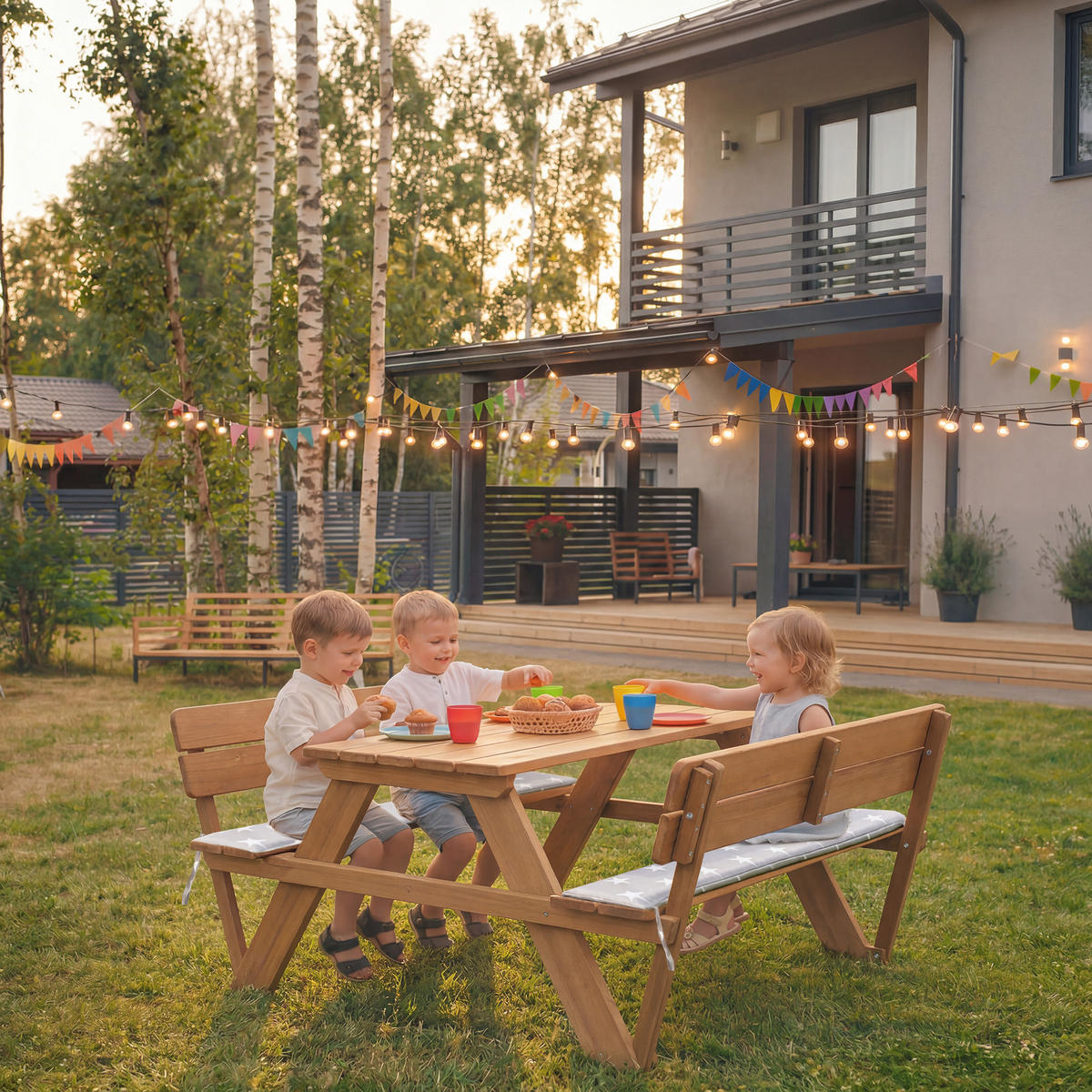 KINDERSITZGRUPPE PICKNICK for 4' Outdoor + teak mit Lehne und Bankkissen - Teakfarben, Holz - Roba