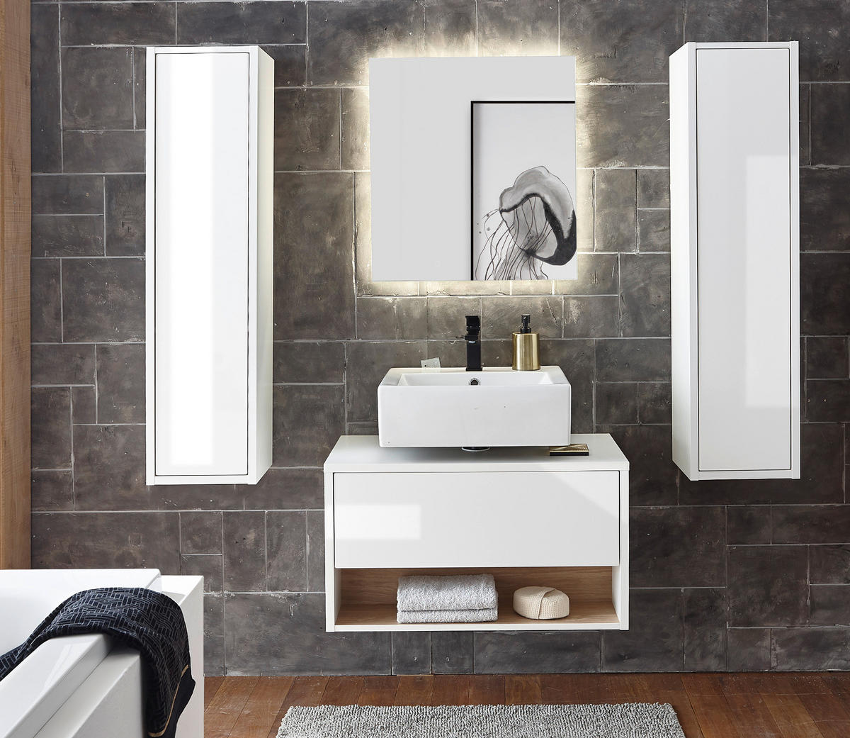 BADMÖBEL-SET 4-teilig weiß Hochglanz, Eiche 160 cm, Kombination mit LED Beleuchtung - Weiß Hochglanz/Eichefarben, Glas/Holzwerkstoff (160/190/46cm) - Furn.Design