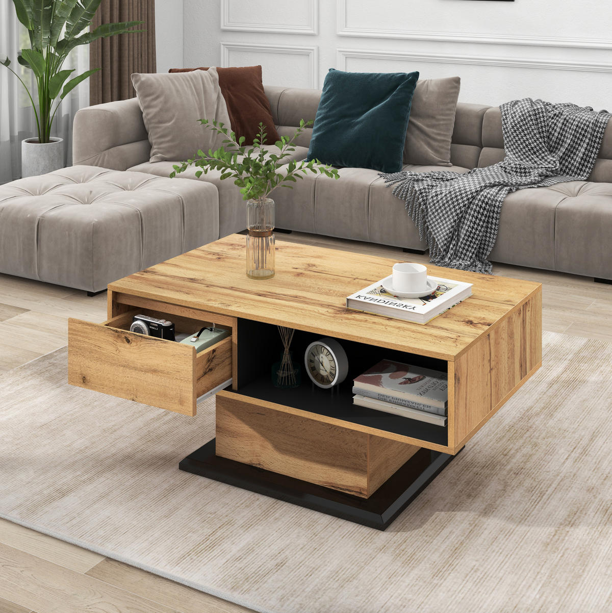 COUCHTISCH aus Spanplatte 100x47x60 cm in Natur mit doppelseitigem Stauraum - Naturfarben, Holzwerkstoff (100/47/60cm) - Modfu