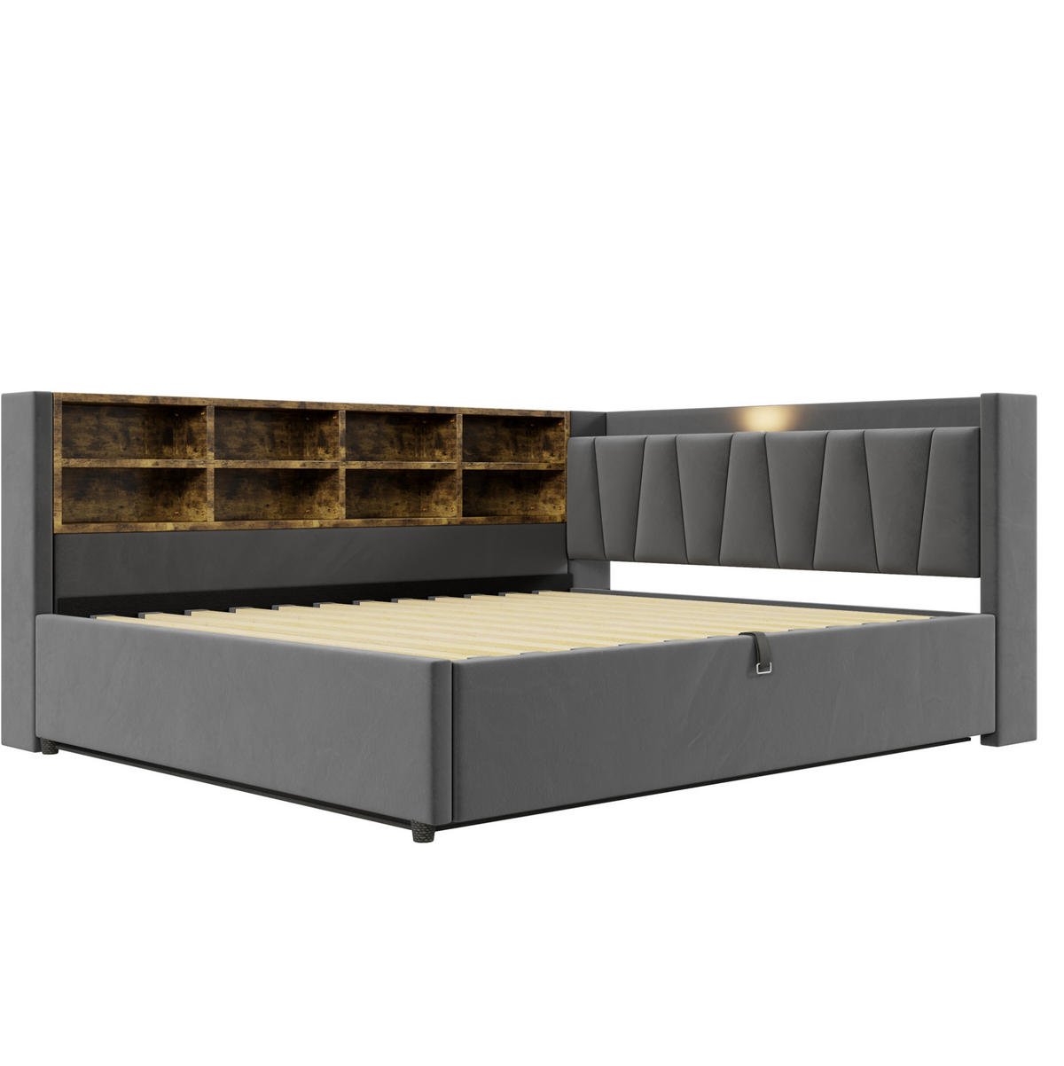 POLSTERBETT 140/200 cm aus Samtstoff mit Stauraum USB und Typ-C Dunkelgrau - Grau, Textil (140/200cm) - Modenvie