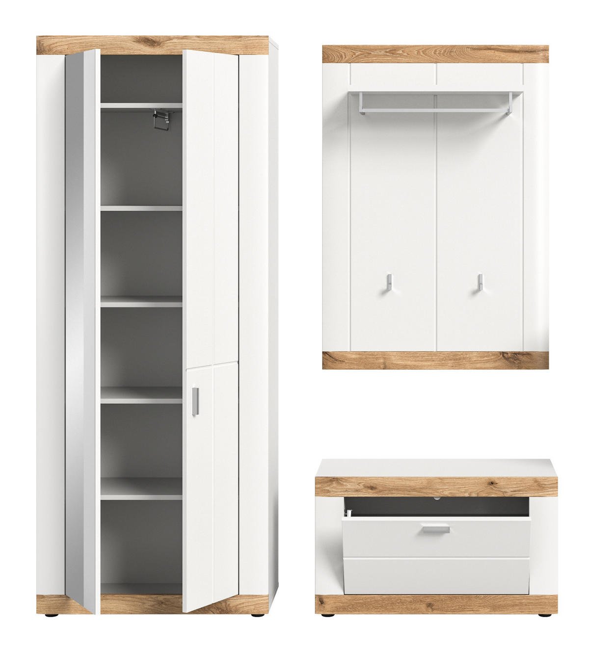 GARDEROBE Set 3-teilig weiß, Eiche 172 cm, Flurgarderobe mit Soft-Close - Eichefarben/Weiß, Holzwerkstoff/Kunststoff (171/191/37cm) - Inn.Furn