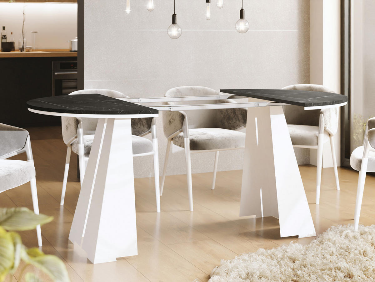 ESSTISCH Kova runder ausziehbarer, Marmor Schwarz 120-200/120/76 cm - Anthrazit/Weiß, Holzwerkstoff/Metall (120/120/76cm) - WFL GROUP