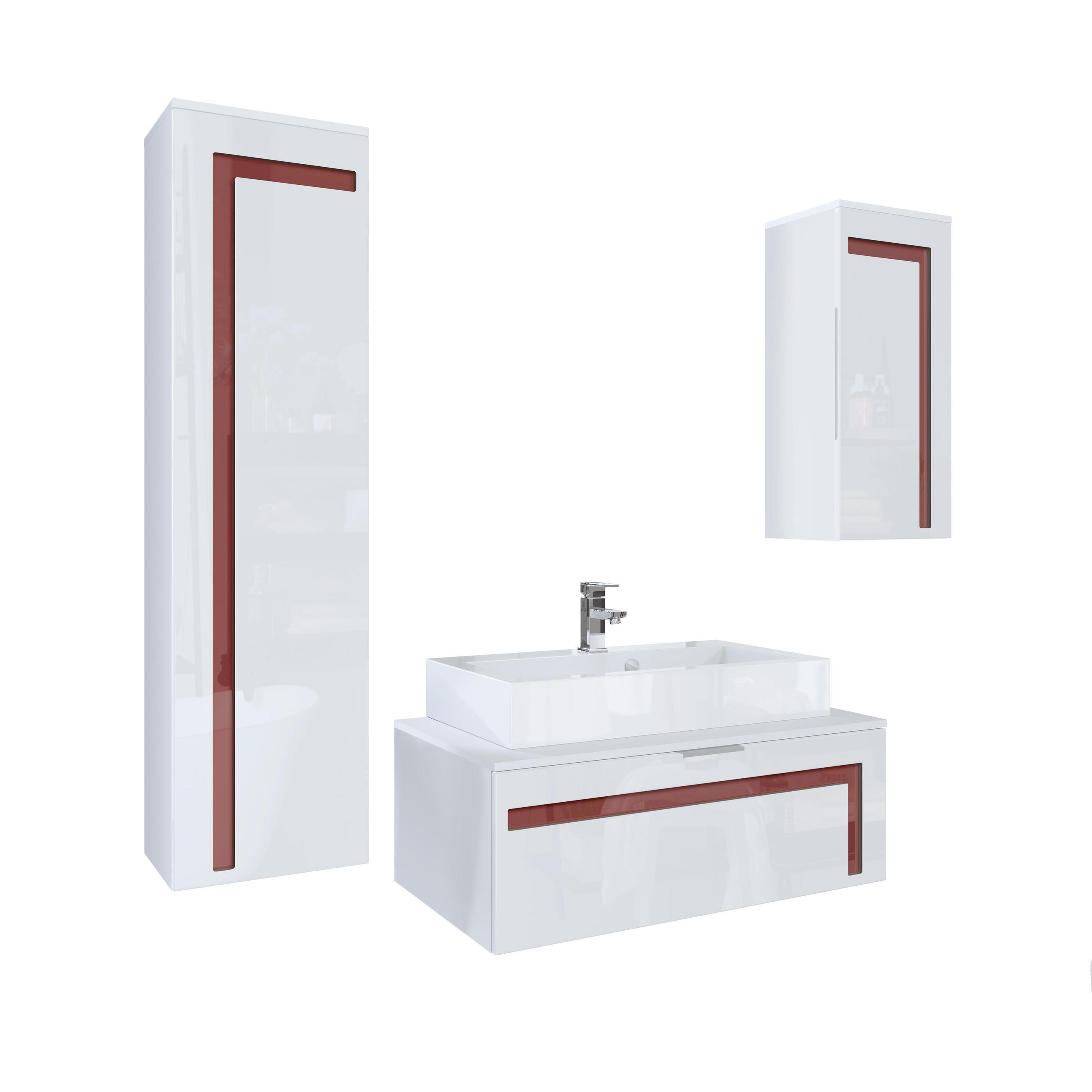 BADMÖBELSET Aloha Absetzungen in Bordeaux Hochglanz - Bordeaux, Holzwerkstoff (200/193/51cm) - Vladon