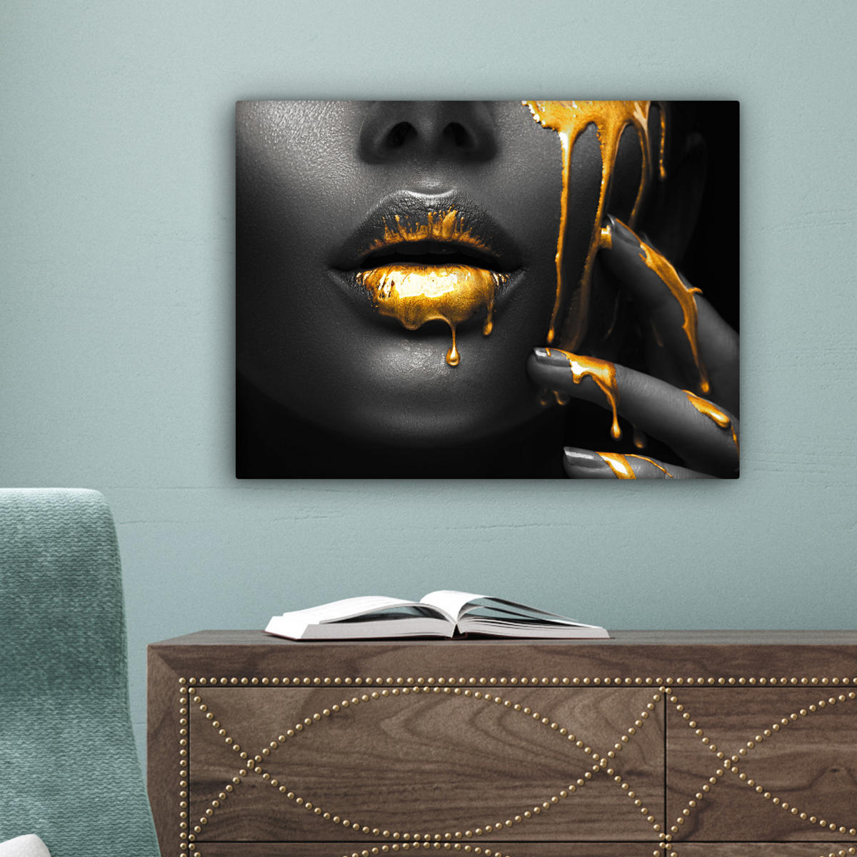 LEINWANDBILD Frau - Schwarz - Gold - Gesicht - Lippen 40x30 cm - Goldfarben, Textil (40/30cm) - MuchoWow