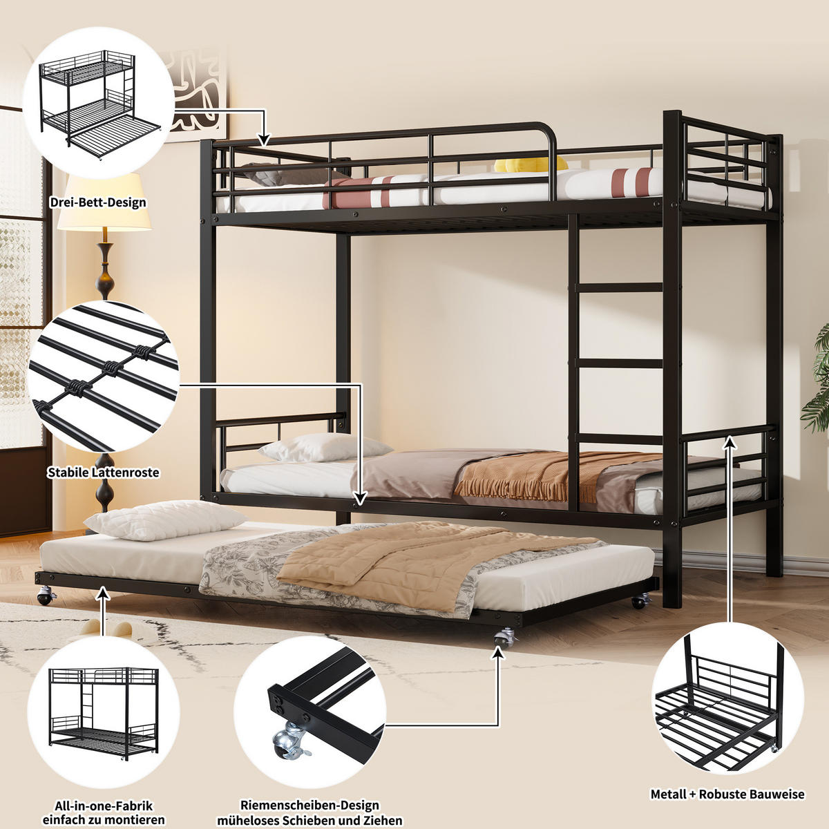 ETAGENBETT 90/200 cm aus Metall mit Ausziehbett – schwarz und platzsparend - Schwarz, Metall (90/190cm) - BEAOK