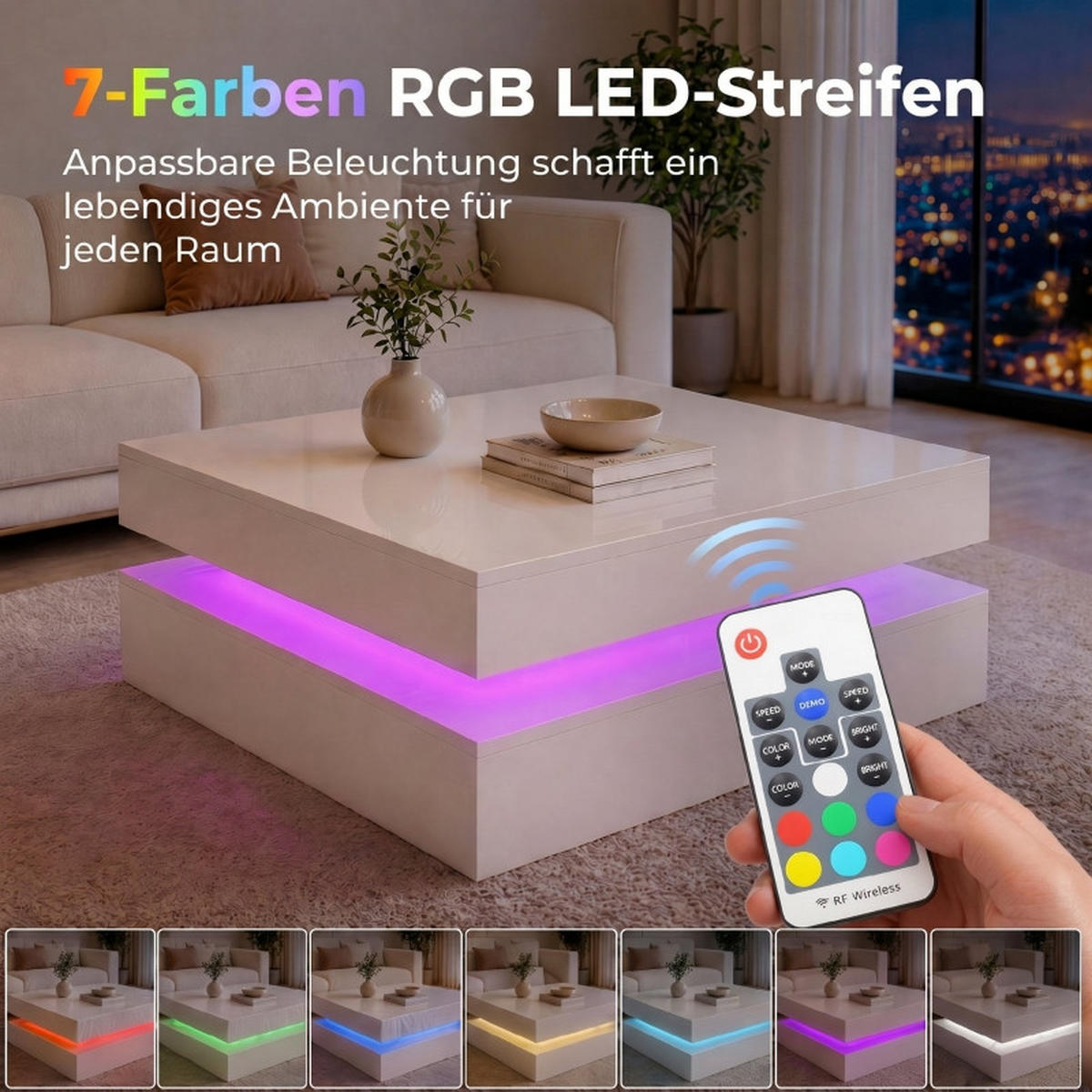 COUCHTISCH DE-37205 2-stufig mit LED und offener Ablage Weiß - Weiß, Holzwerkstoff (78/78/40cm) - ComfortXL