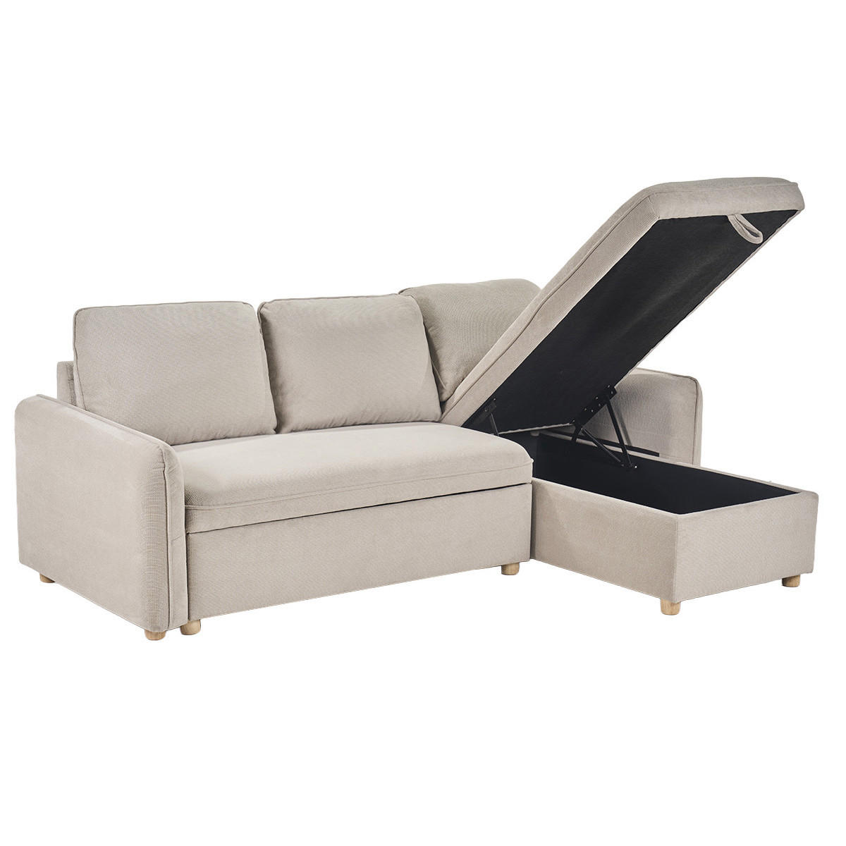 ECKSOFA mit umkehrbarer Schlaffunktion und Stauraum, 3-Sitzer in strukturiertem Samt-Optik Stoff beige und hellem Holz ORSO - Beige, Textil (139.5/83/212cm) - Miliboo
