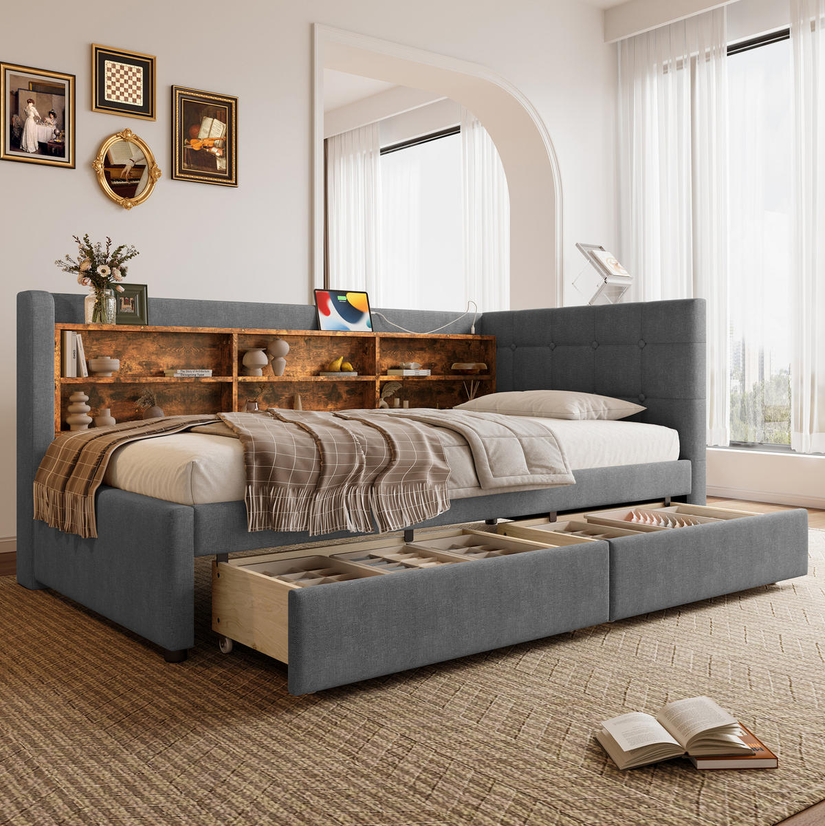 POLSTERBETT 90/200 cm grau mit 2 Schubladen und USB-Anschlüssen - Grau, Textil (90/200cm) - OKWISH