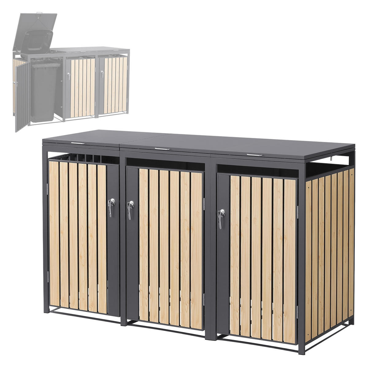 MÜLLTONNENBOX 3er Anthrazit-Lärchenoptik - Naturfarben, Metall (200/120/80cm) - ML-DESIGN