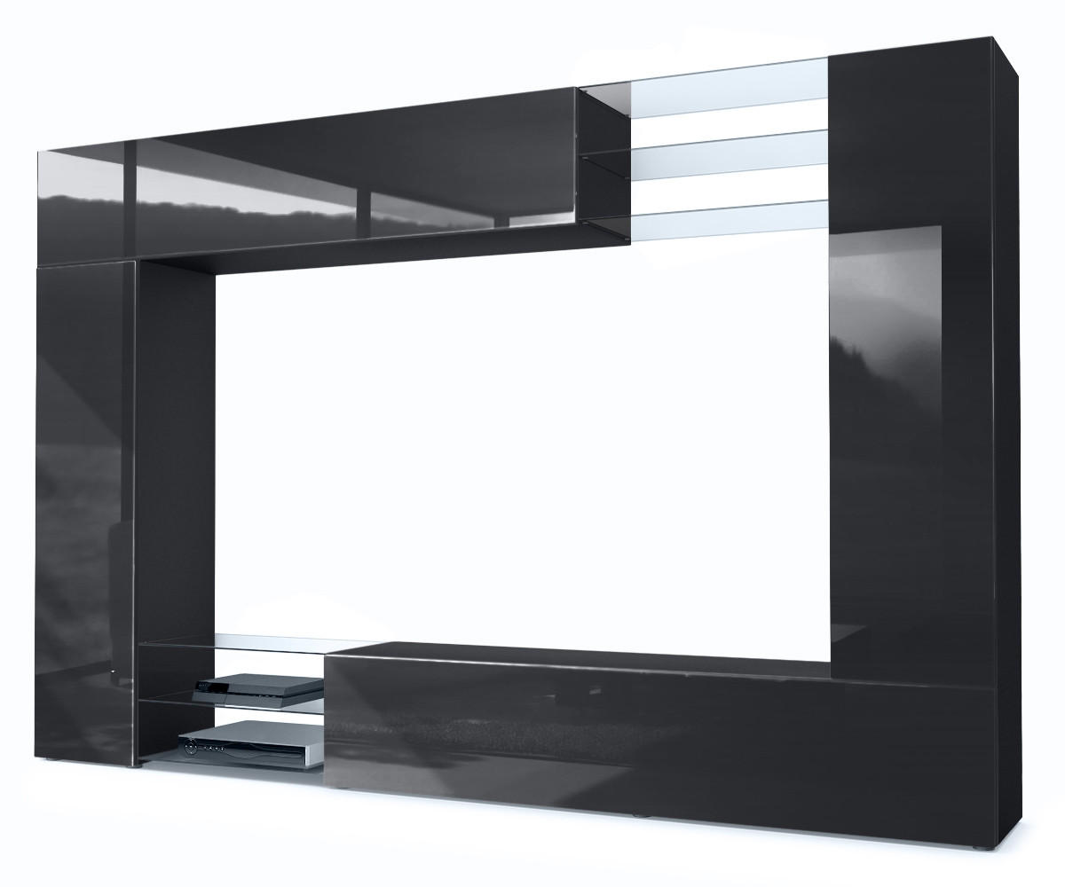 Vladon Wohnwand Schwarz Hochglanz 262x182.5x39 cm