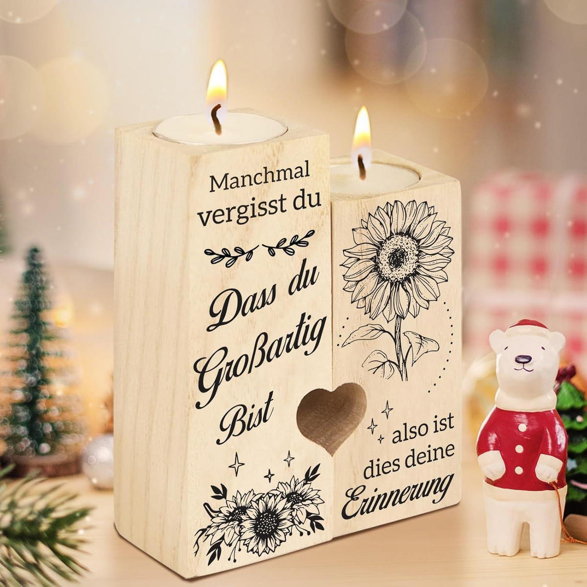 KERZENSTÄNDER Holz mit Spruch 12 cm - Braun, Holz (4/12/9cm)