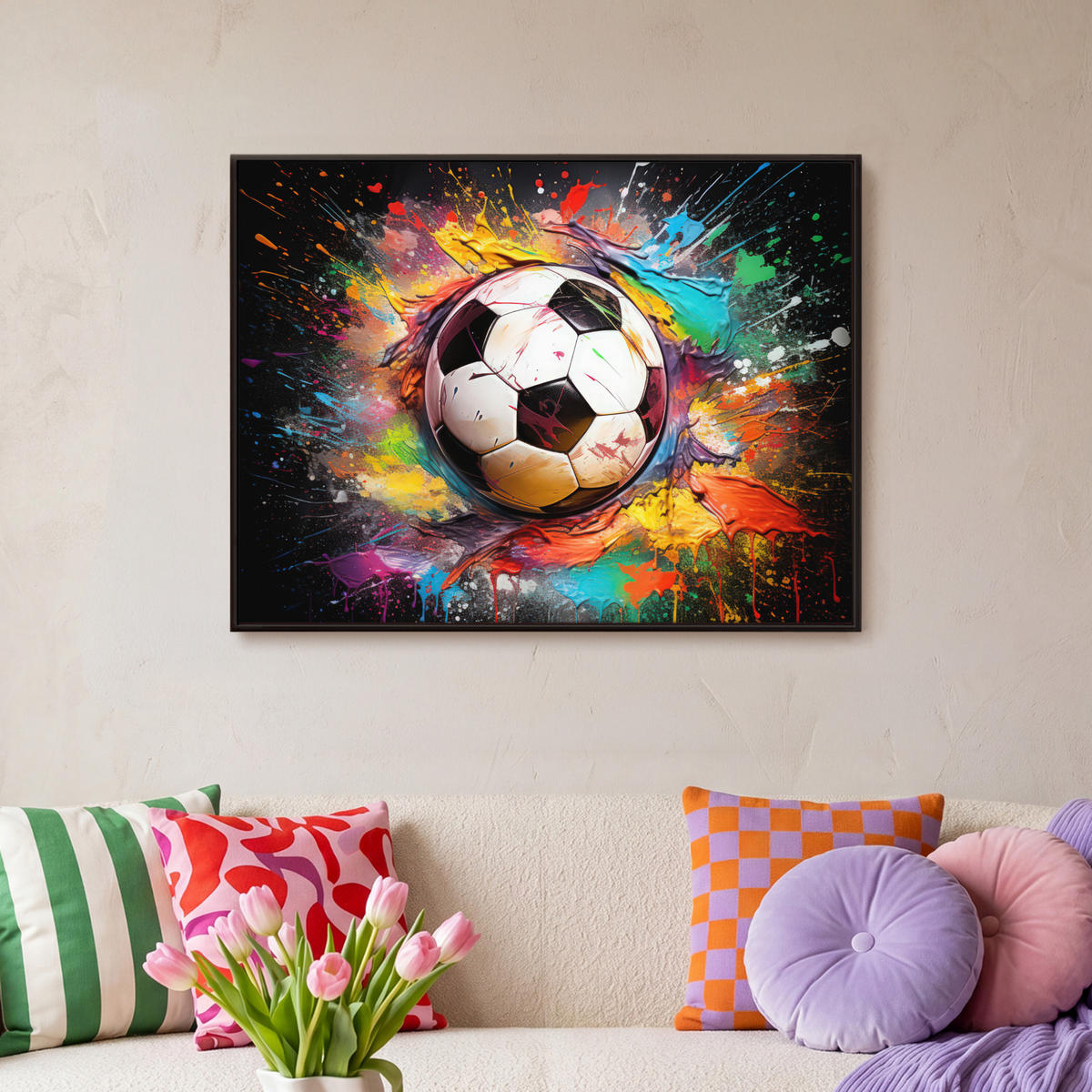 LEINWAND Bilder mit Rahmen - Fußball - Farbe - Farben - Schwarz - Weiß - 80x60 - Weiß, Textil (80/60cm) - MuchoWow