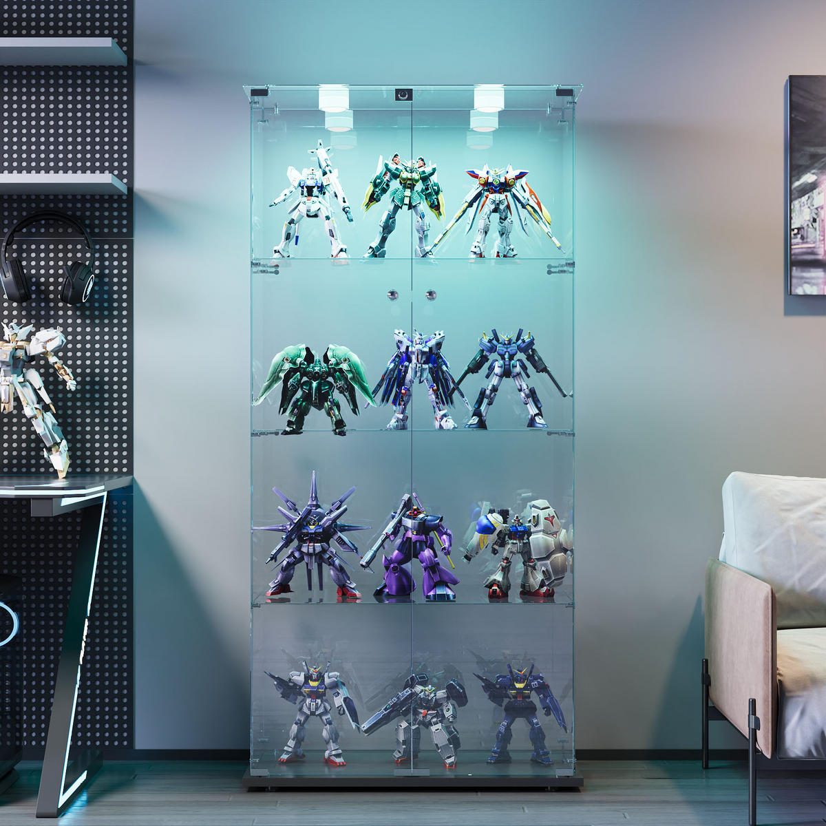 GLASVITRINE LED mit 2 Türen, 4 Regalen, Schloss, Schwarz für Wohnzimmer - Schwarz, Holz (35/163/78.5cm)