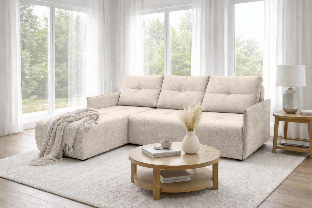 ECKSOFA L Form Damascus Beige 212/143/88 cm Links mit Schlaffunktion - Beige/Schwarz, Kunststoff/Textil (143/212cm) - AX Living