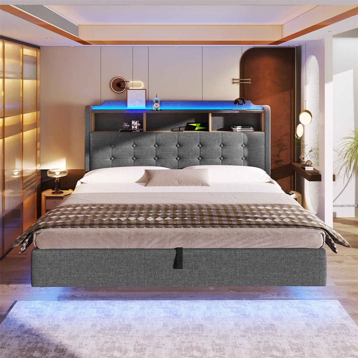 POLSTERBETT 180x200 cm mit LED-Beleuchtung und hydraulischem Stauraum - USB/Typ-C & Klappfach - Grau - Grau, Textil (180/200cm) - DELFA