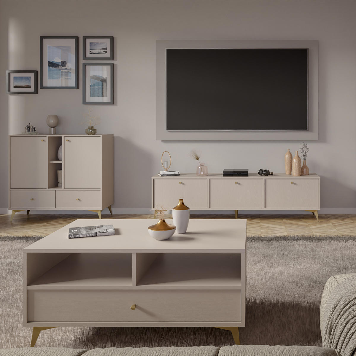 TV-LOWBOARD FLOREN, Creme/Gold - Creme, Holzwerkstoff/Metall (180/48.5/40.8cm) - KONSIMO®