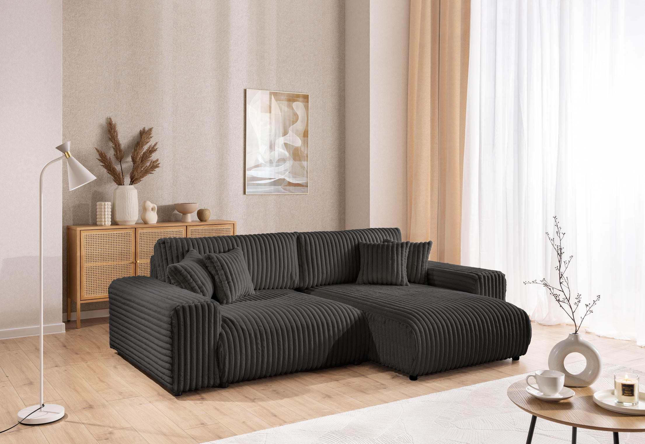 Thumbnail - S-Style Möbel Ecksofa, Dunkelgrau, Textil, Echtholz, Teilmassiv,Buche, Birke, 4-Sitzer, Füllung: Polyetherschaumkern,Sil...