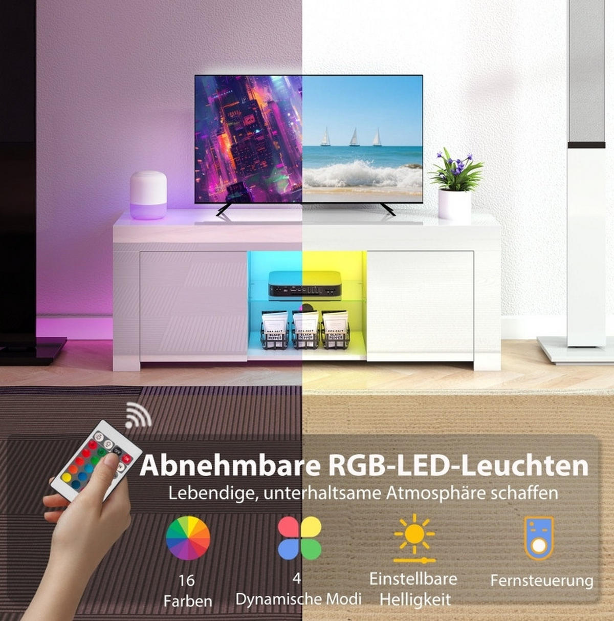 LOWBOARD 120/34/45 cm Weiß aus Glas mit LED-Beleuchtung - Weiß, Glas (34/45/120cm) - OKMYHOME