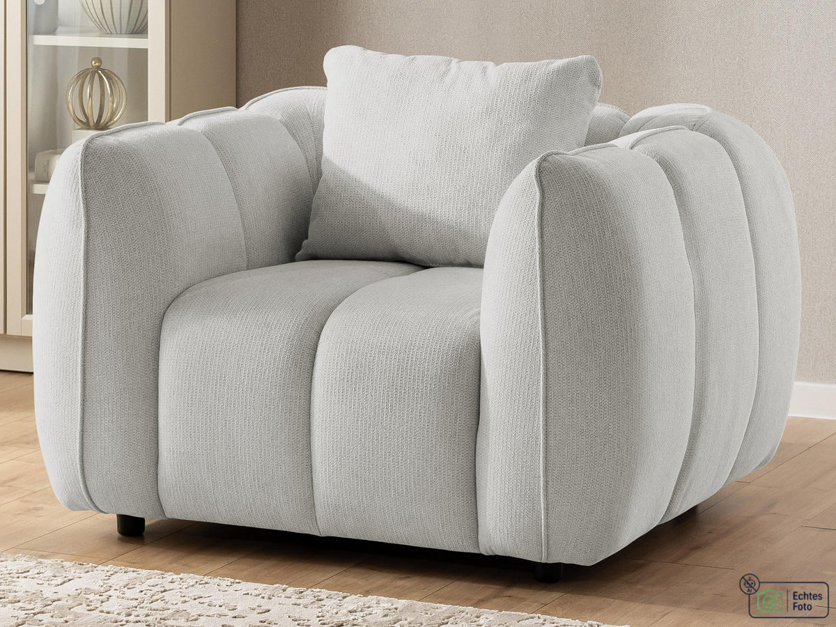 SESSEL Nubira in tief gesteppter Bubble-Optik aus weichem Hellgrau Strukturstoff im modernen Design - Hellgrau/Schwarz, Holz/Kunststoff (115/69/89cm) - S-Style Möbel